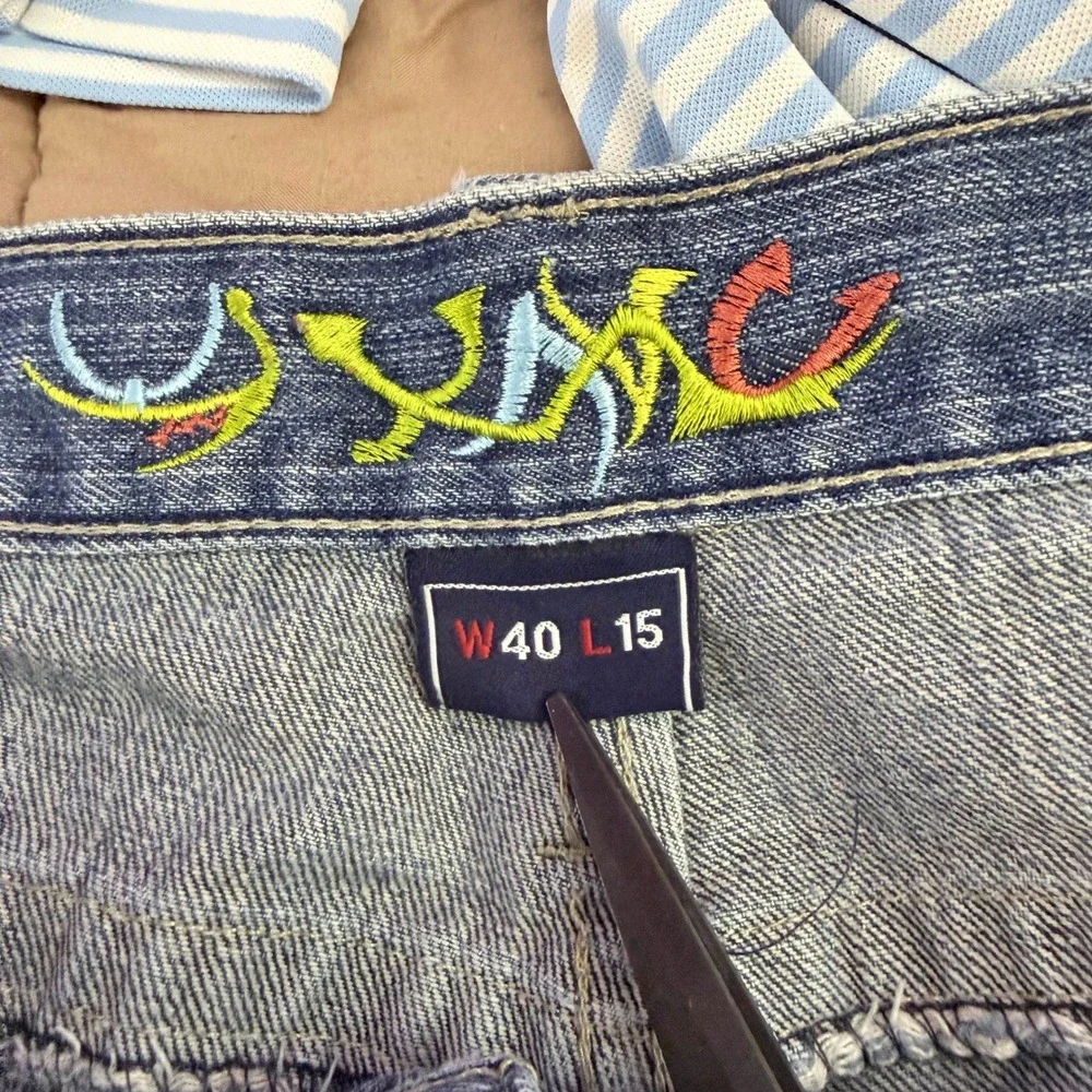Vintage Y2K Baggy‎ Denim Shorts Blue Embroidered Jorts Mens W40 L15 RN118005